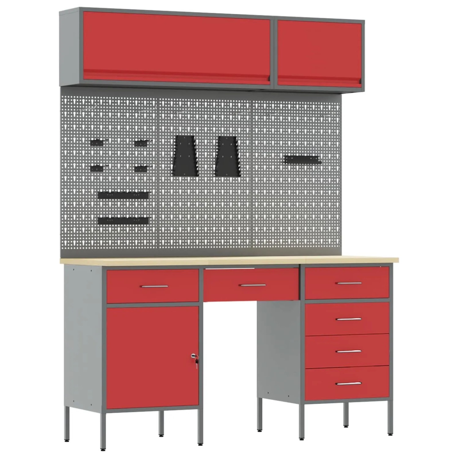 vidaXL Werkbank mit Schubladen 8-Tlg Rot Ingenieure Holz und Stahl 3321459