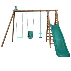 Soulet Holzschaukel Tulipe mit Rutsche, grünem Sitz und Kindersitz für vielseitigen Spielspaß im Garten.