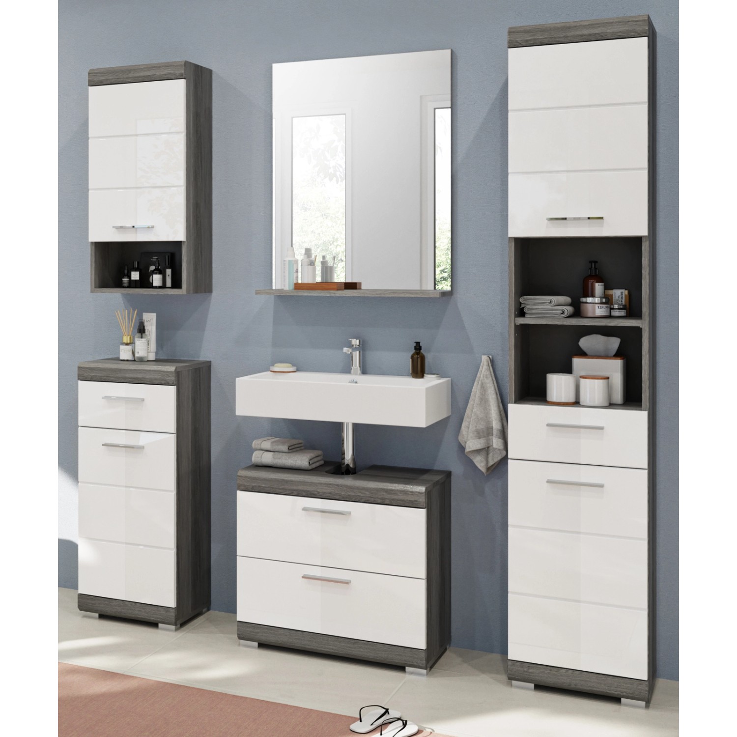 Inn.Furn Badmöbel-Set Weiß Hochglanz Grau 5-teilig 164 cm Vollauszug Shawn günstig online kaufen