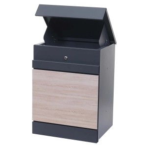 Anthrazitfarbener MCW Paketkasten K41 mit Holzoptik und geöffneter Klappe.