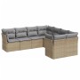 Beige vidaXL Garten-Sofagarnitur aus Rattan mit grauen Kissen, 8-teilig. Modulare Gartenmöbel für Terrasse und Garten.