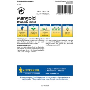 Kiepenkerl Mangold Rhubarb Chard Saatgutpackung mit Aussaat- und Erntehinweisen.