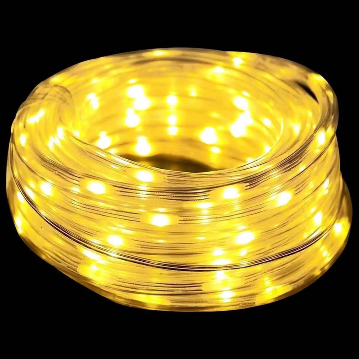 Warmweißes LED Lichtseil (20m) für Außen, aufgerollt.