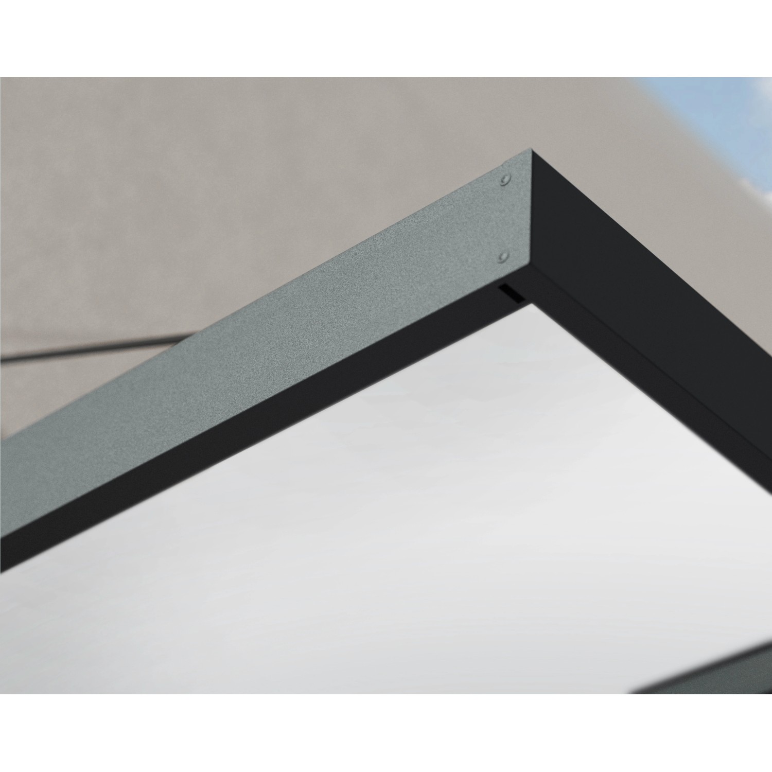 Detailaufnahme: Graues Palram Canopia Vordach Sophia XL, Aluminiumrahmen, Acrylplatte.