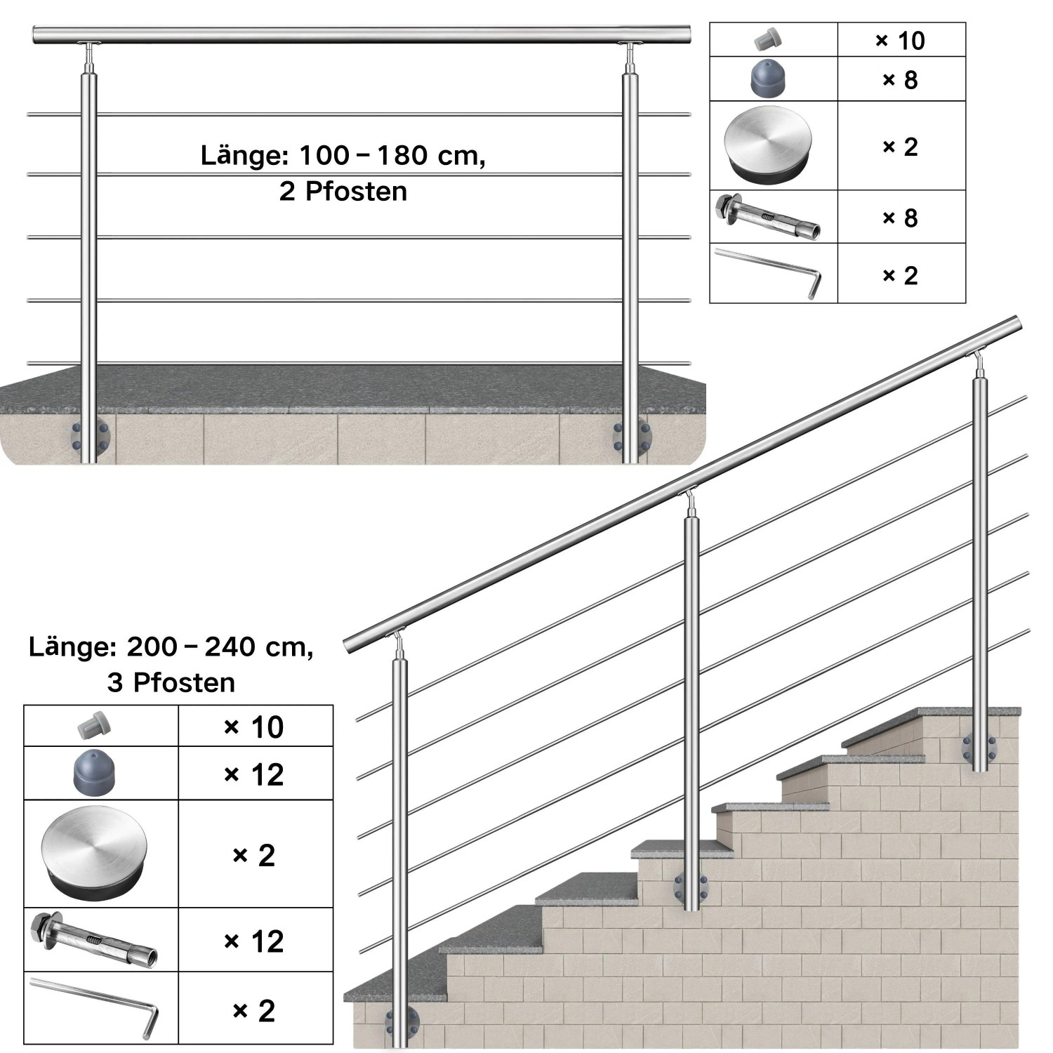 AICA 304 Edelstahl Treppengeländer Set Seitenmontage 100 cm Länge 5 Querstreben_5