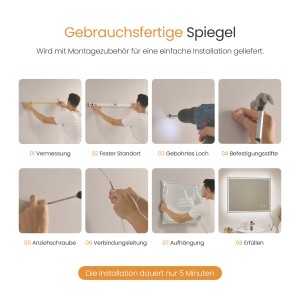 Montageanleitung für Emke Badspiegel mit LED-Beleuchtung, 90x70 cm. Schritt-für-Schritt Anleitung.