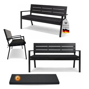 BERLINLODGE Gartenbank MALLORCA, 3-Sitzer, schwarz, mit Sitzkissen. Sitzbank für Terrasse und Garten.