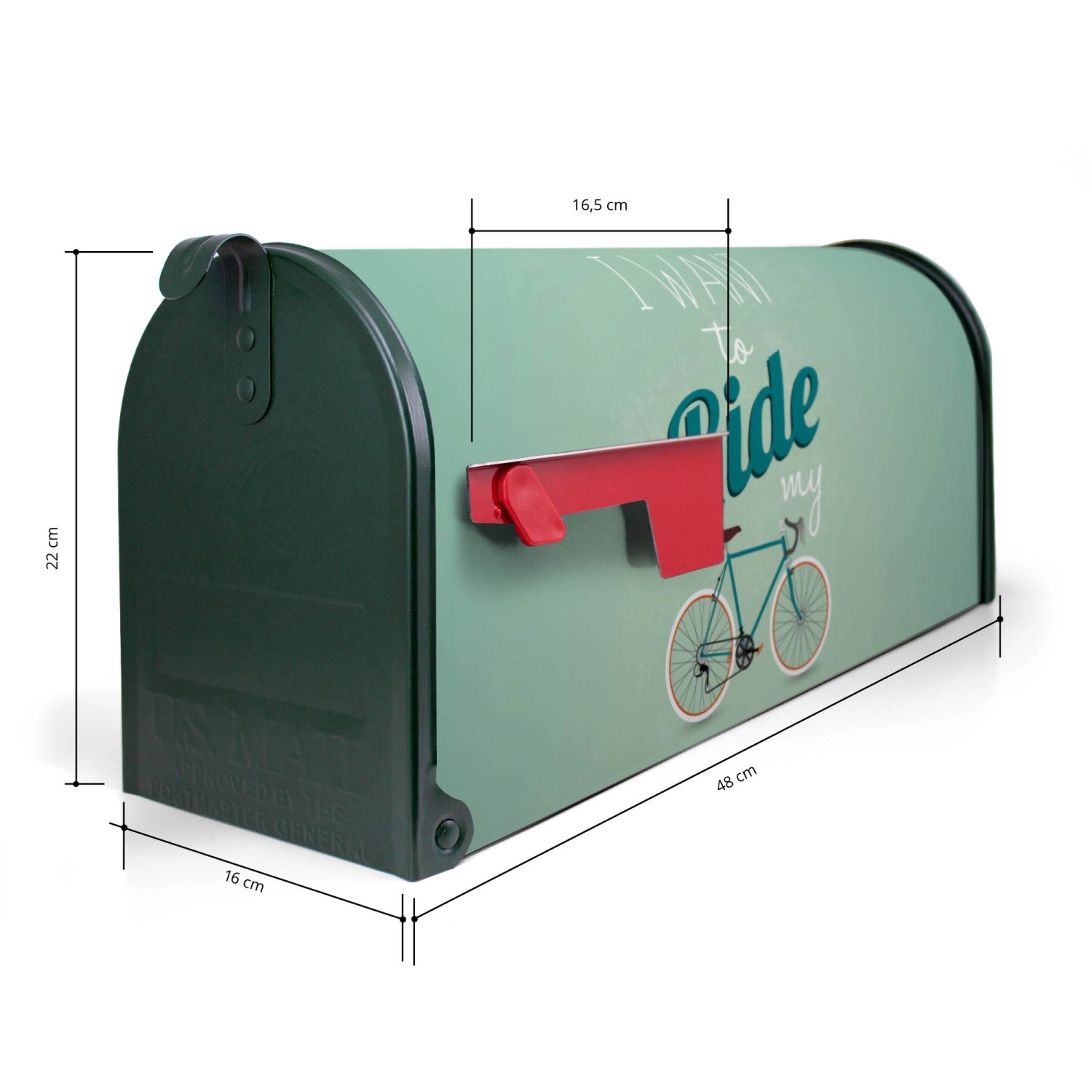 Grüner Banjado US Briefkasten mit Fahrrad Motiv, Stahl pulverbeschichtet, 48x22x16cm.