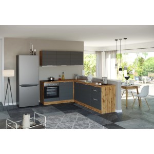 Moderne Held Möbel Winkelküche in Grau-Wotaneiche Optik mit E-Geräten.