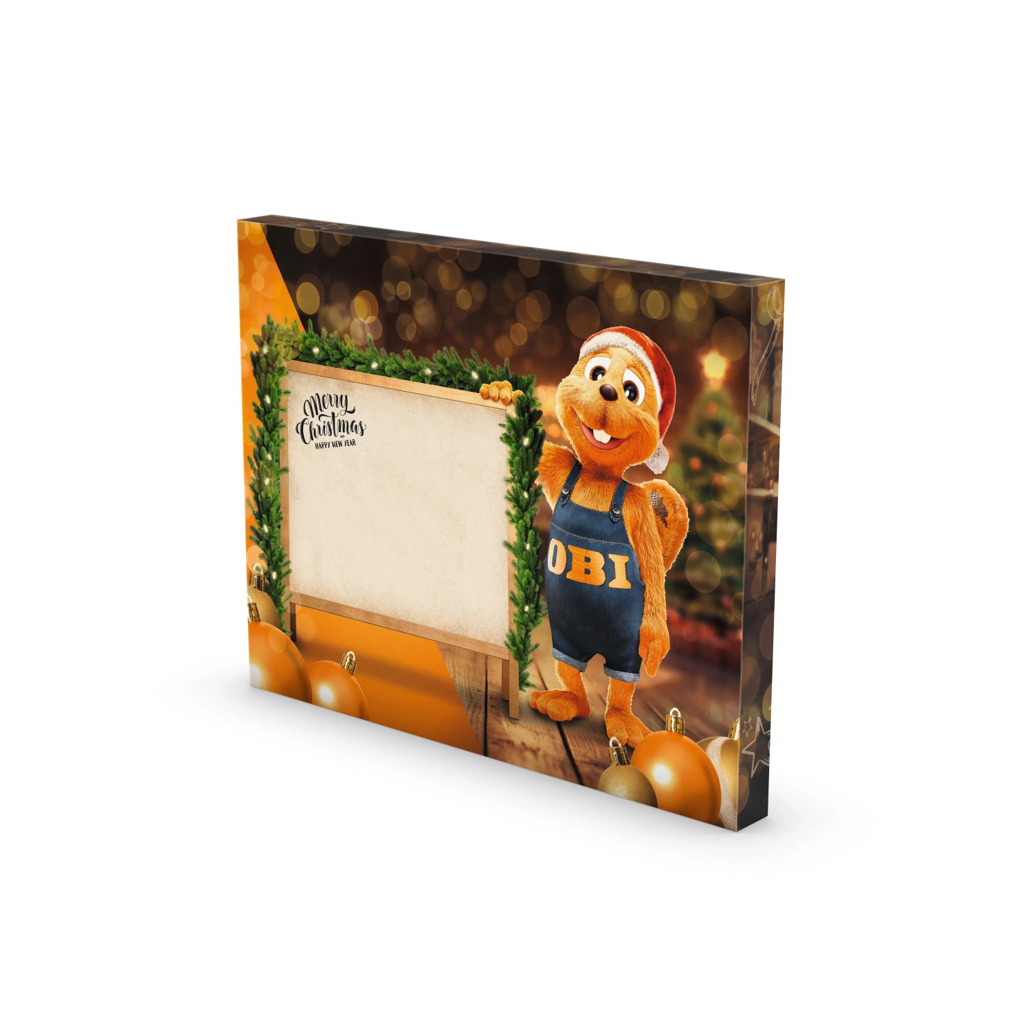 OBI Werkzeug Adventskalender mit OBI Biber auf weihnachtlichem Hintergrund.