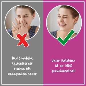 Frau verzieht Gesicht wegen saurem Geruch, daneben lächelt sie zufrieden. Poliboy Kalklöser ist geruchsneutral.