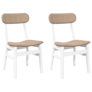 Zwei weiße Esszimmerstühle aus Gummibaum-Massivholz mit braunen Kissen. Ergonomisches Design für hohen Komfort.