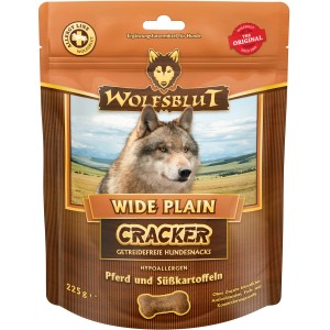 Wolfsblut Wide Plain Cracker Pferd & Süßkartoffel, getreidefreie Hunde-Belohnungssnacks im braunen Beutel.