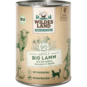 Wildes Land Bio Hunde-Nassfutter Lamm mit Kartoffeln, 400g Dose. Glutenfrei und ohne Zuckerzusatz.