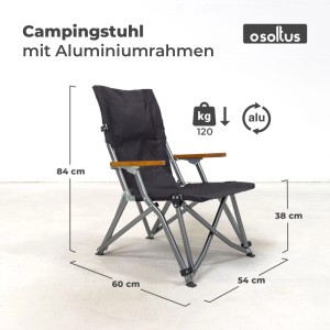 osoltus Campingstuhl schwarz mit Aluminiumrahmen und Holzarmlehnen, klappbar. Belastbar bis 120 kg. Für Camping & Garten.