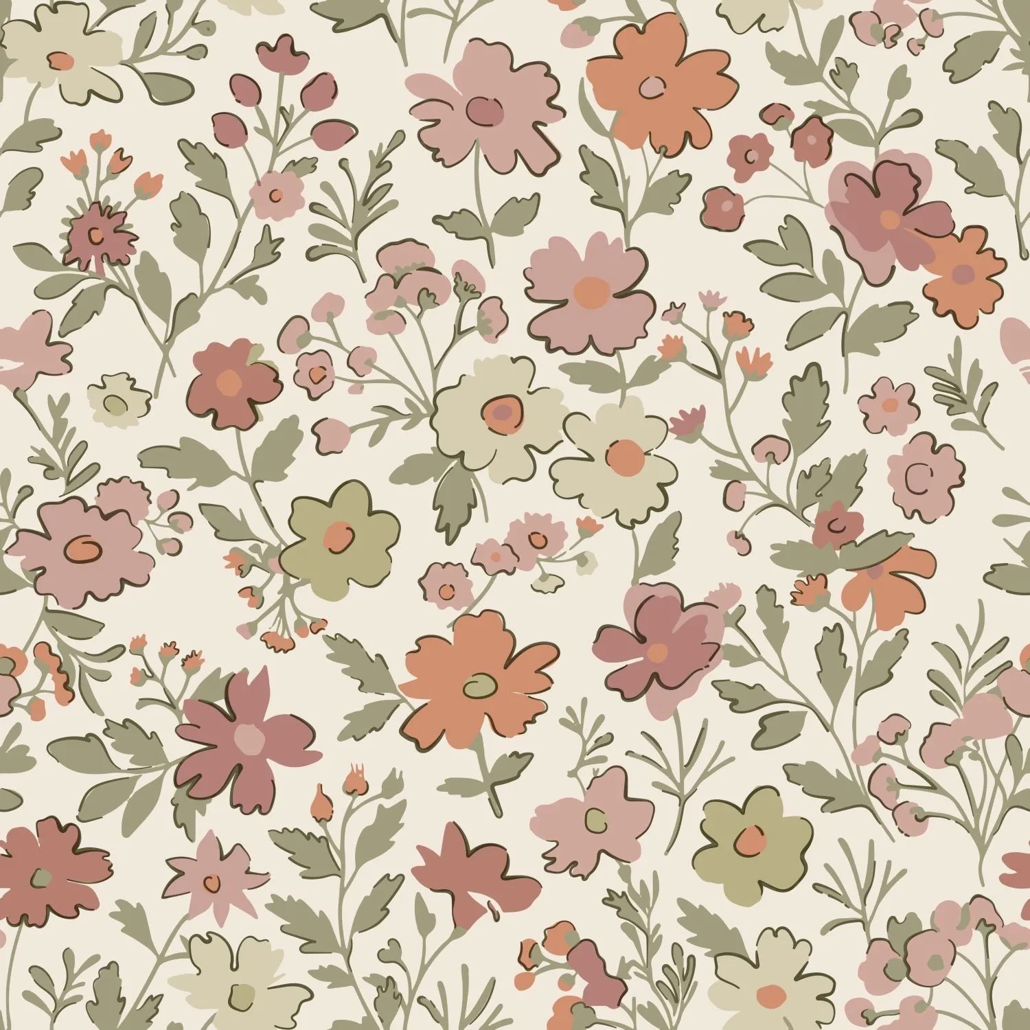 ESTAhome Vliestapete mit Blumenmuster in Terrakotta, Grün und Weiß, 50x900cm.