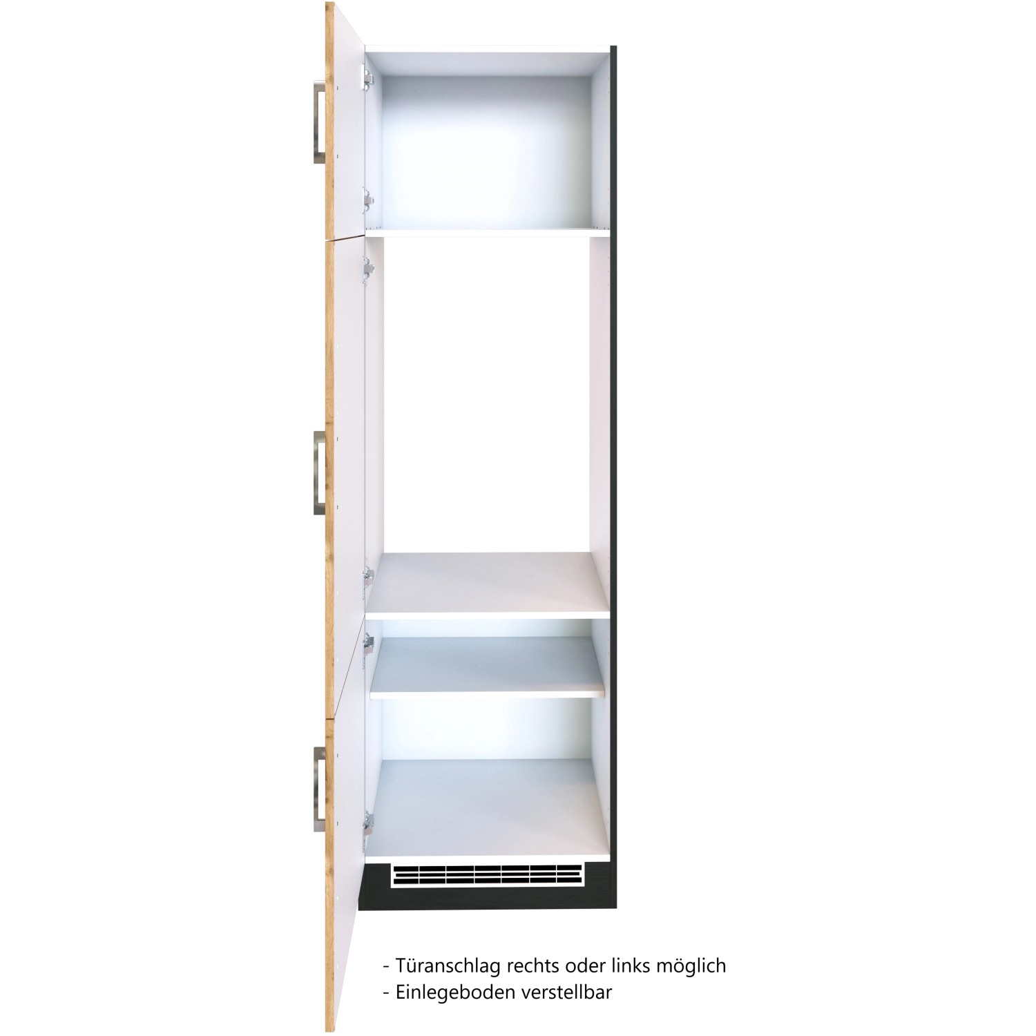 Held Möbel Kühlschrankumbau Sorrento, Wotaneiche/Grafit, offene Tür, Einlegeböden.