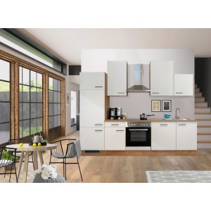 Flex-Well Küchenzeile Vintea 280 cm in Magnolia/Lancelot Oak mit E-Geräten und Spüle.