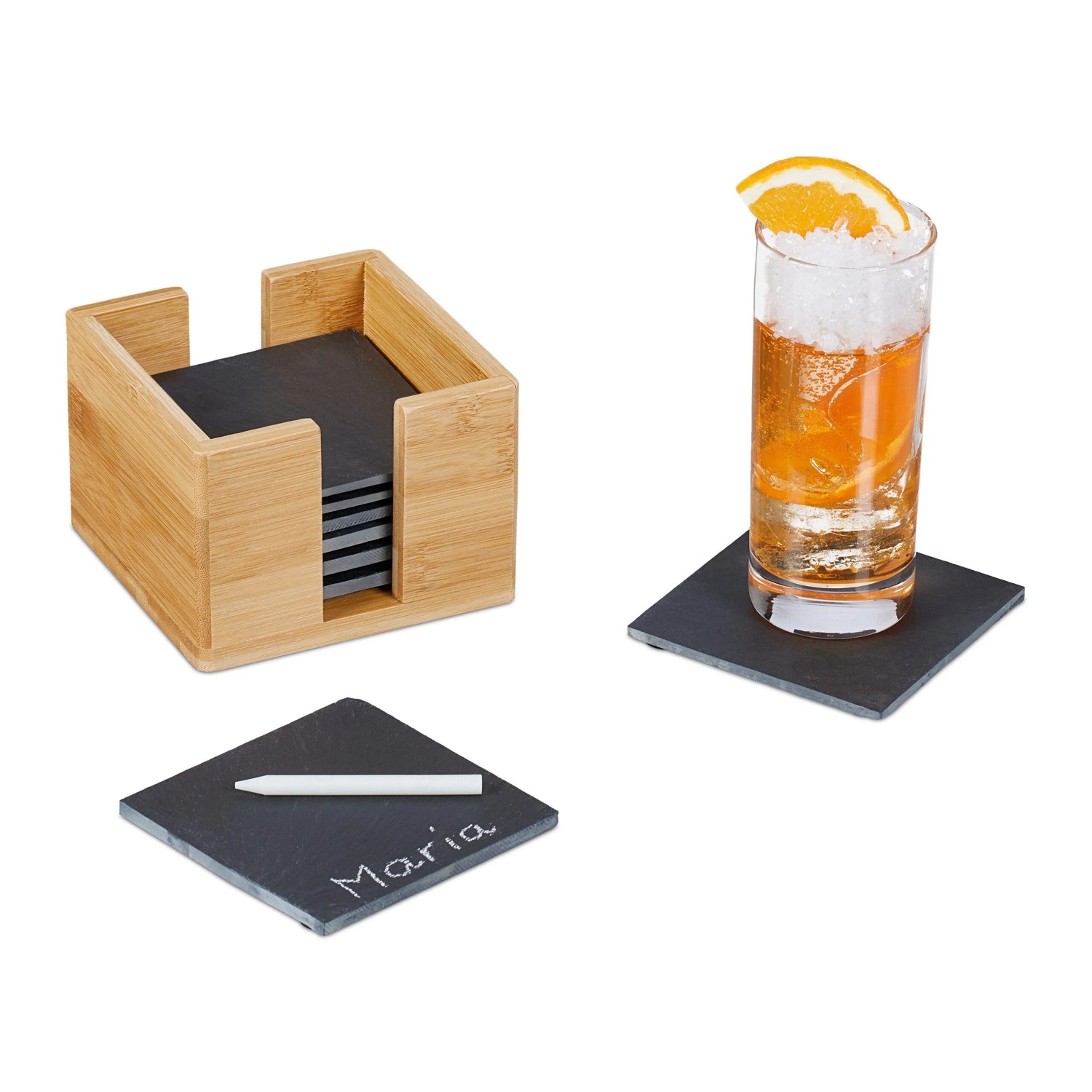 Relaxdays Untersetzer Schiefer Anthrazit Natur 8er Set mit Bambus-Box Beschriftbar Rutschfest 10 cm x 10 cm x 0,7 cm