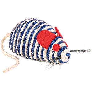 Jollypaw Sisal-Maus, 10 cm, blau-weiß gestreift mit roten Details, Katzenspielzeug.