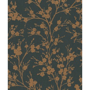 Marburg Vliestapete Ivy Nov Floral Gold: Dekorative Tapete mit floralem Muster in Gold auf dunklem Grund.