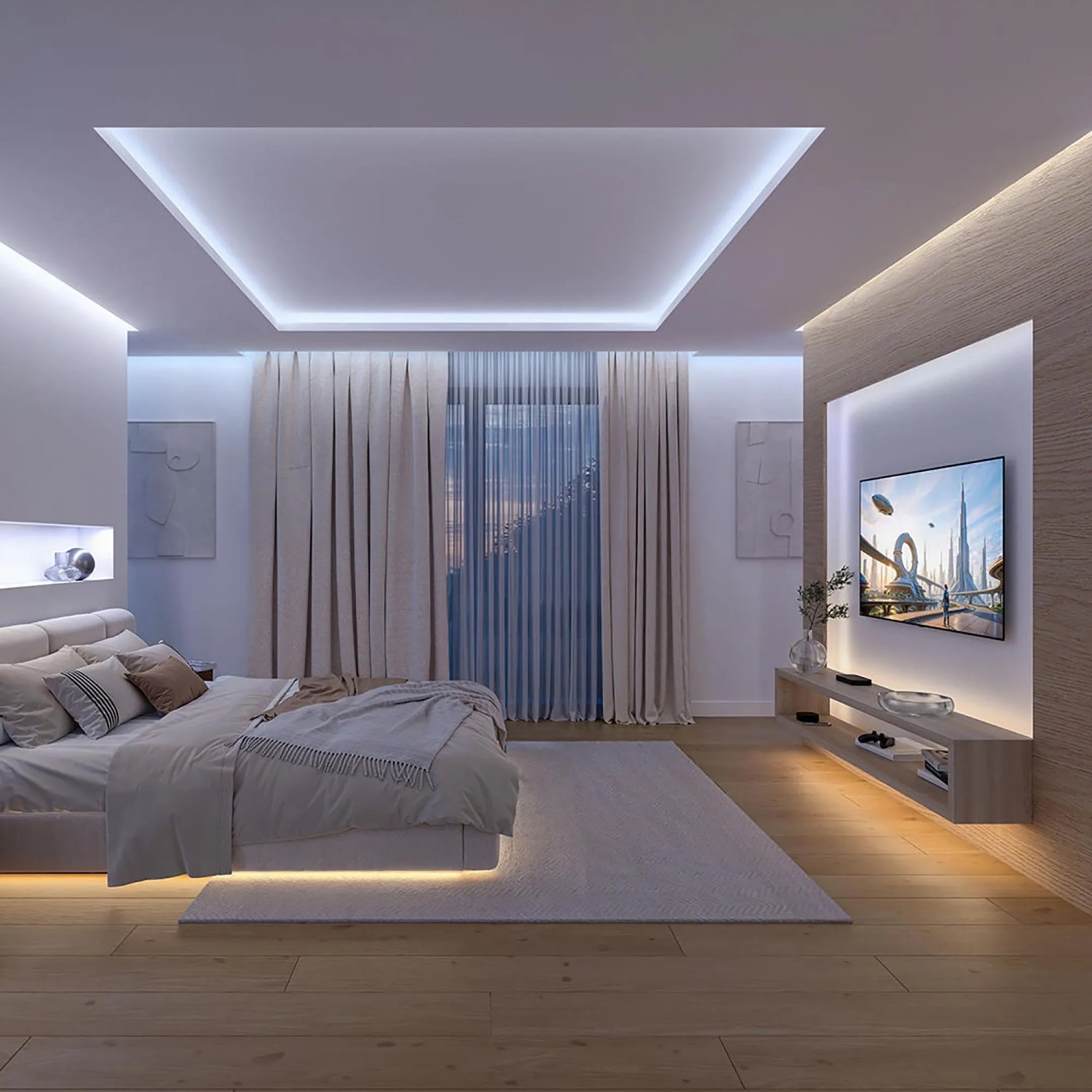 Schlafzimmer mit indirekter Beleuchtung durch Philips Hue LED-Streifen.