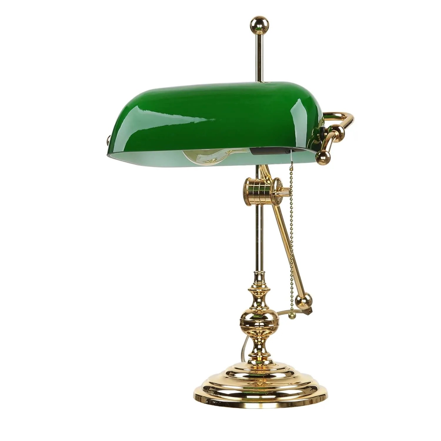 Licht-Erlebnisse Bankerlampe Messing Glas Vergoldet 47 cm E27 Zugschalter Jugendstil