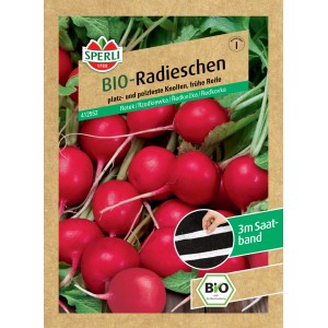 Sperli Bio Radieschen Saatband: Verpackung mit roten, runden Radieschen und Saatband-Hinweis.