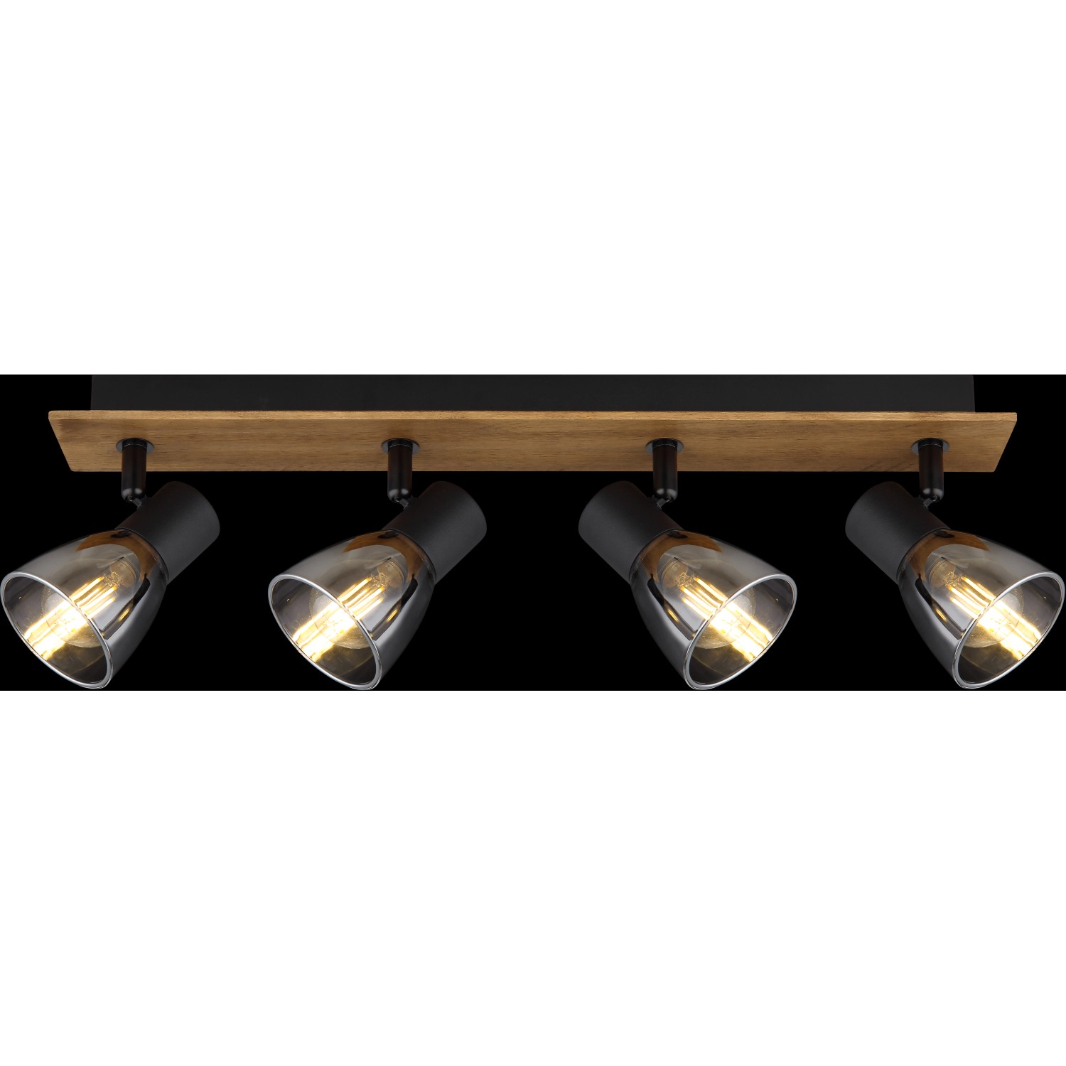 Globo Strahler Claude, 4-flammig, dunkelbraunes Holz, Rauchglas-Spots für E14 Leuchtmittel.