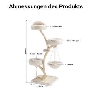 Fudajo Designer Kratzbaum mit Hängeliege, Plüsch und Sisal. Zeigt Maße: 169 cm Höhe, 59 cm Breite. Ideal für Katzen.