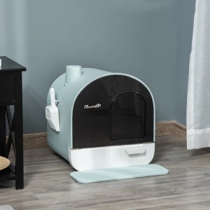 PawHut Katzentoilette mit Deckel, Streuschaufel und Schmutzfangmatte in Pastellfarben.