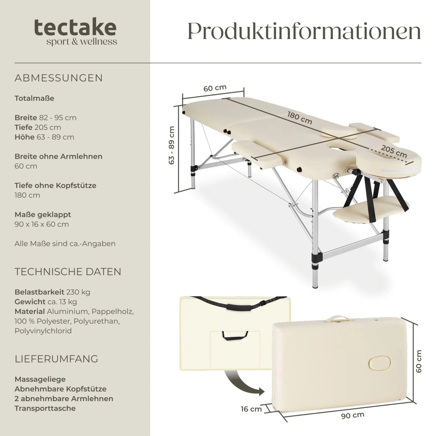 Beige Tectake Massageliege, 60 cm breit, mit Tragetasche. Ideal für Wellness und Entspannung.