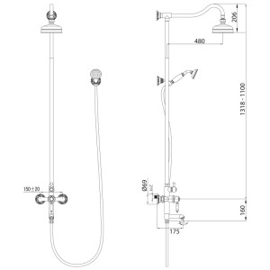 PaulGurkes Duschsystem Aufputz Schwarz im Nostalgie Retro Design. Zeigt Kopfbrause, Handbrause und schwenkbaren Auslauf aus Messing.