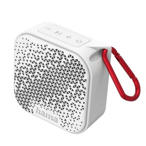 Weißer Hama Bluetooth-Lautsprecher Pocket 3.0 mit rotem Karabinerhaken.