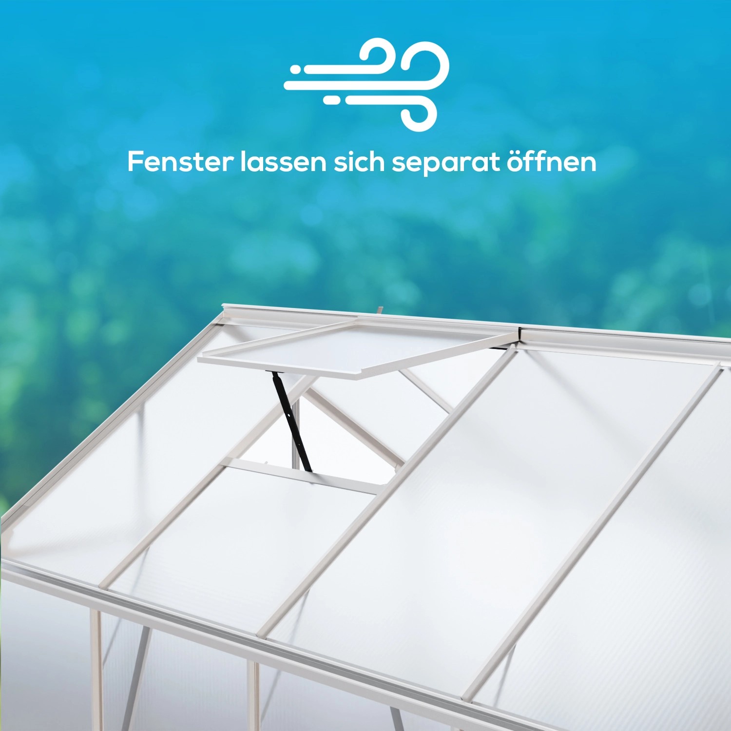 Detailaufnahme: Garmio Gewächshaus Neapel mit geöffnetem Dachfenster zur Belüftung.