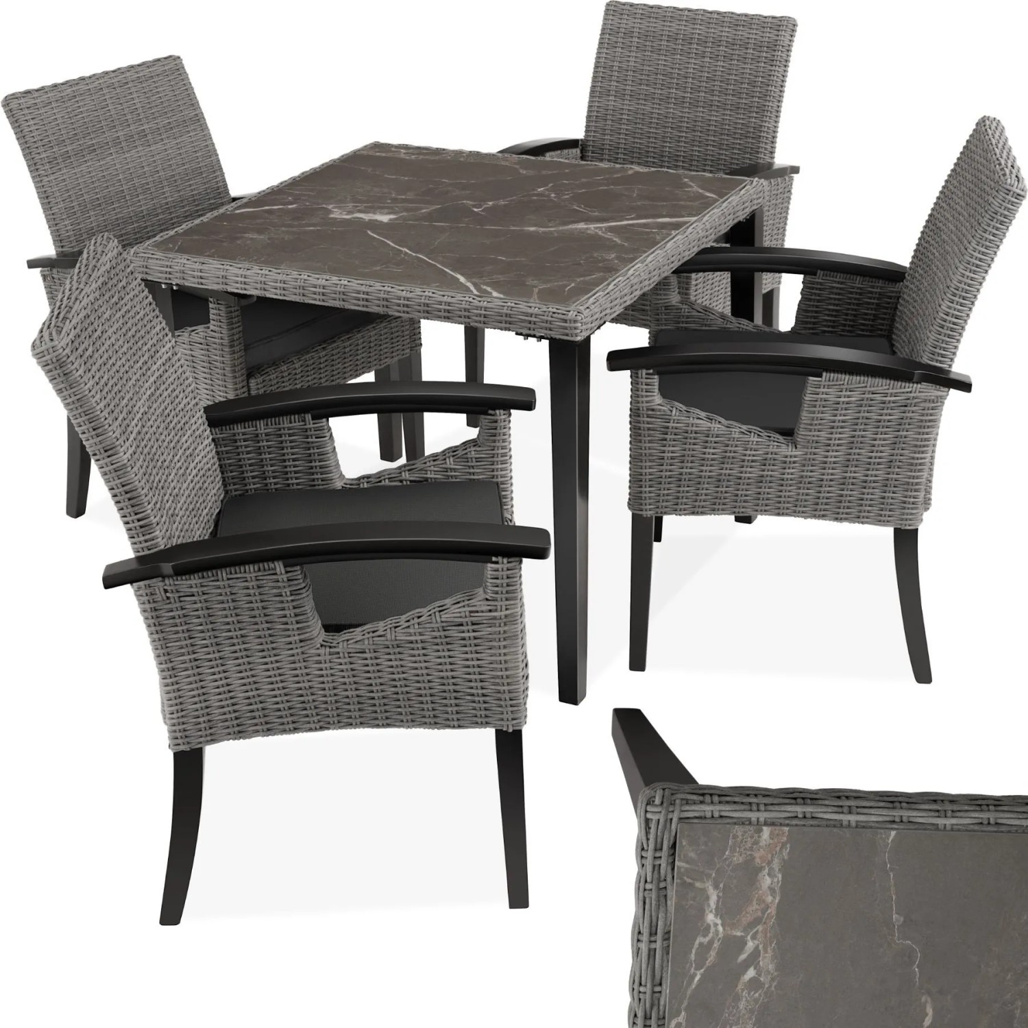 Tectake Rattan Tisch Tarent Mit 4 Stühlen Rosarno  Mit Holzgestellen Abnehmbare Feinsteinzeugplatte  93 50 x 93 50 x 75 cm Grau