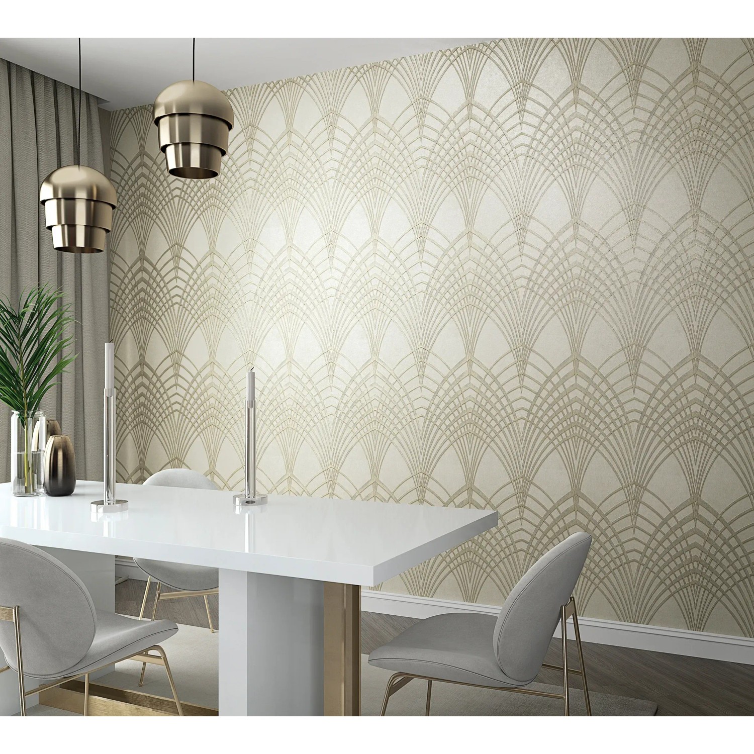 Beige-goldene Marburg Vliestapete Modernista mit grafischem Art Déco Muster an einer Wand.