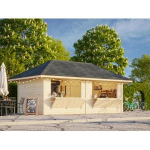 Palmako Marktstand Bianca Set, 588x300 cm, weiß lackiert. Weekendhaus mit Verkaufsklappen und Tür.