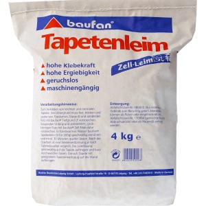 Baufan Tapetenleim 4 kg, Tapetenkleister im weißen Sack mit roter Schrift.