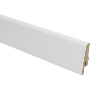 Weiße Sockelleiste Modern 40 Aktion, 40x14x2500 mm, mit integriertem Kabelkanal.