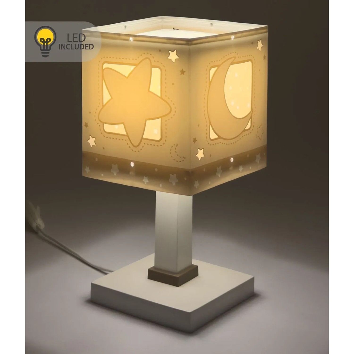 Beige Dalber Nachttischlampe mit LED Nachtlicht, Mond und Sterne für Kinder.