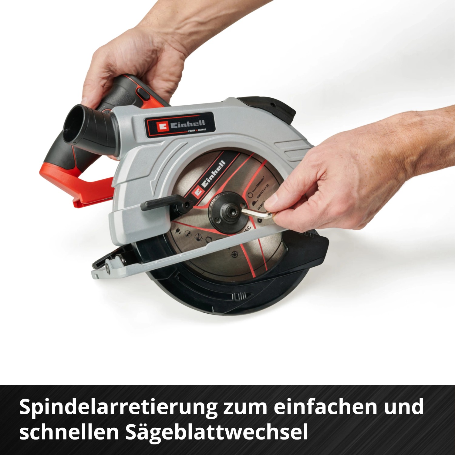 Einhell Akku-Handkreissäge: Spindelarretierung für einfachen Sägeblattwechsel.