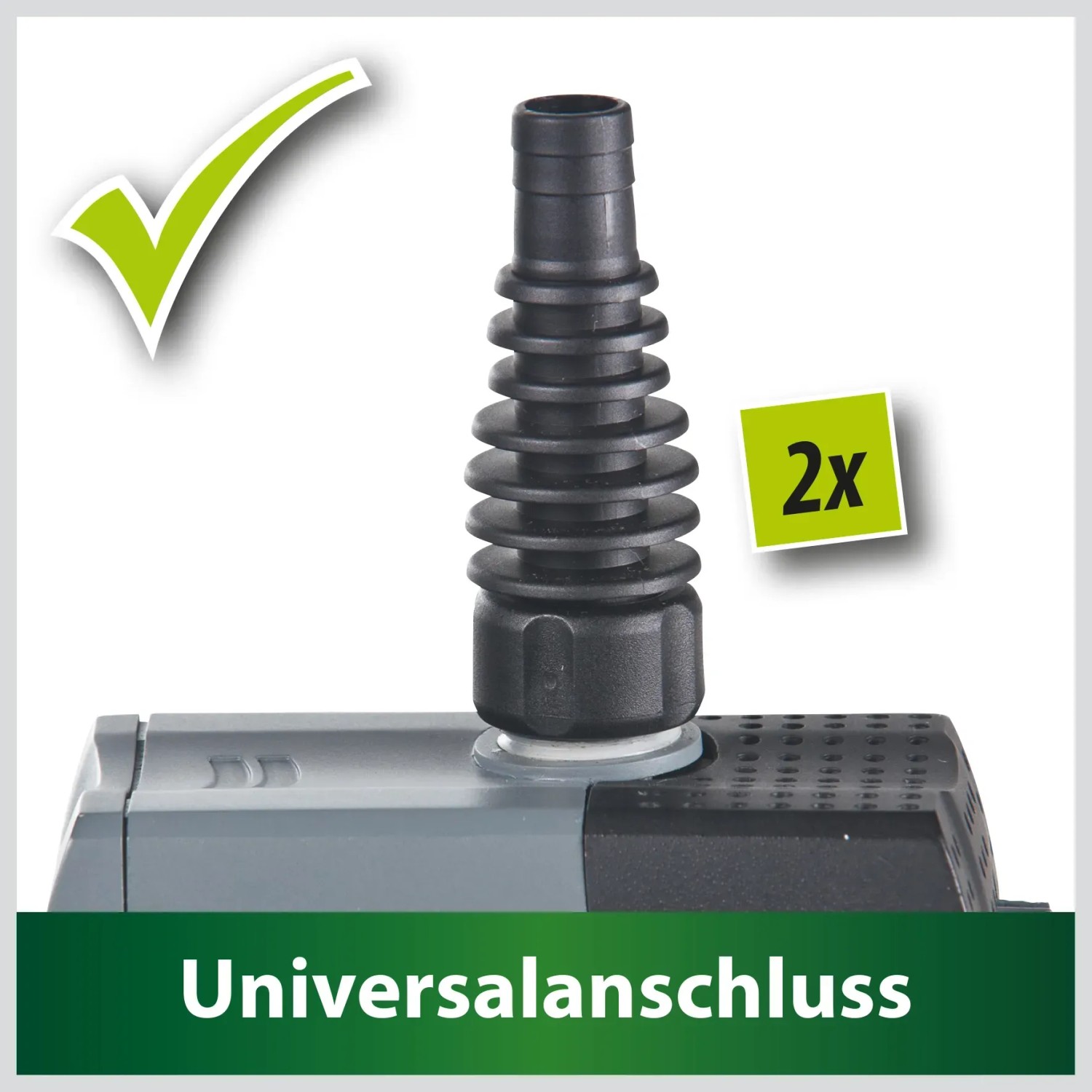 Heissner Eco Teichpumpe: Detailaufnahme des Universalanschlusses (2 Stück) für flexiblen Einsatz.
