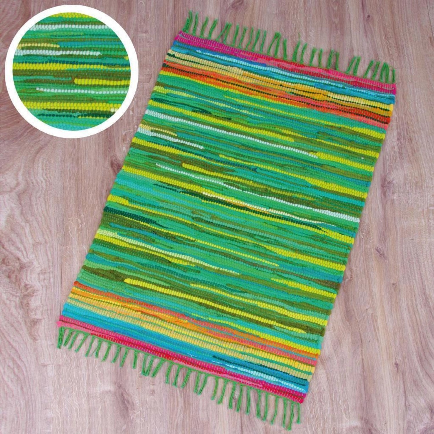 Grüner Bestlivings Flickenteppich Tonal 60x90 cm mit Fransen, Baumwollteppich für Fußmatten.