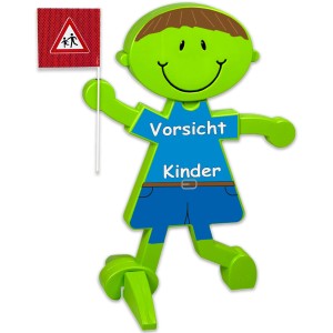 Reflektierendes 3D Warnschild Luca Brems "Vorsicht Kinder" mit Warnflagge für mehr Sicherheit.