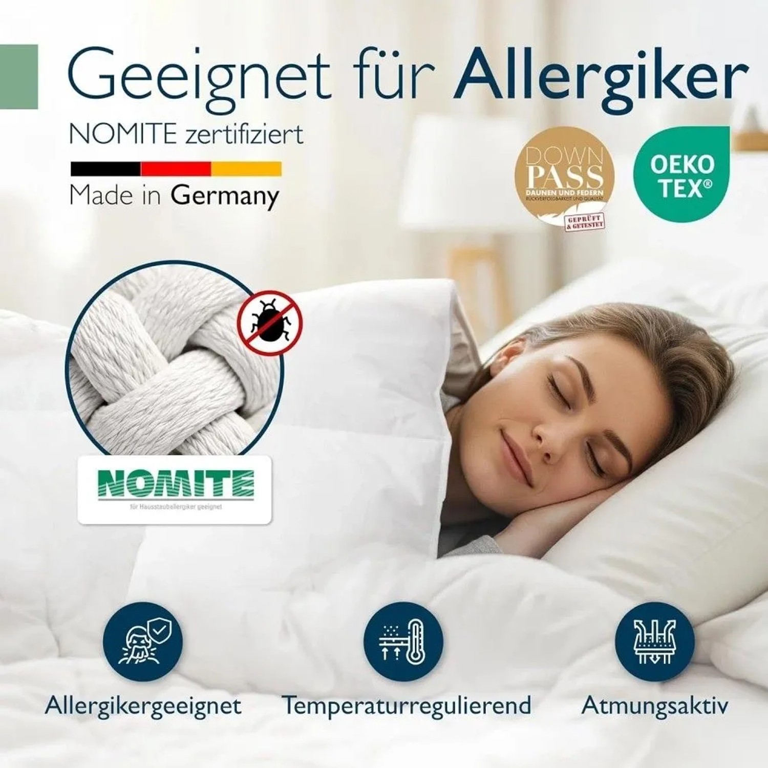 Weiße Beautissu Ganzjahresdecke 135x200cm mit Daunen & Federn, allergikergeeignet, atmungsaktiv, temperaturregulierend.