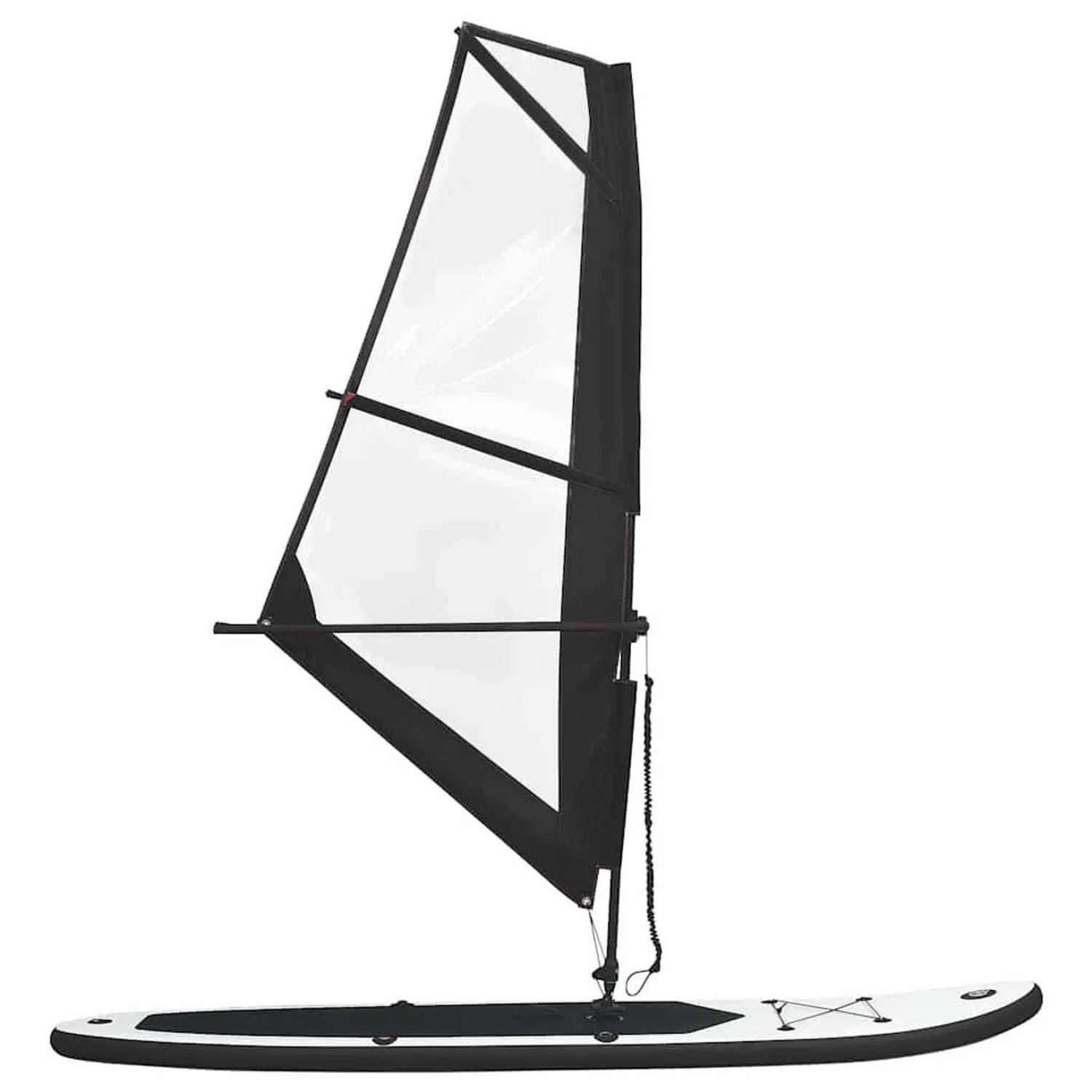 Aufblasbares SUP-Board mit Segel, schwarz-weiß, für Wassersport.