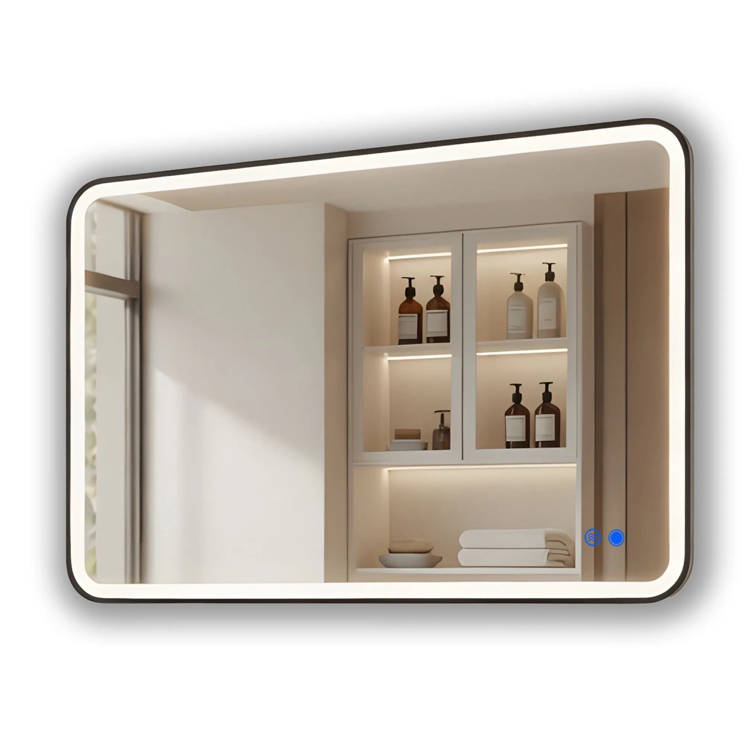 ARTFORMA LED Badspiegel Rechteckig mit Abgerundeten Ecken 100x70 cm mit Beleuchtung Rahmen Schwarz Matt Antibeschlag Touch IP44