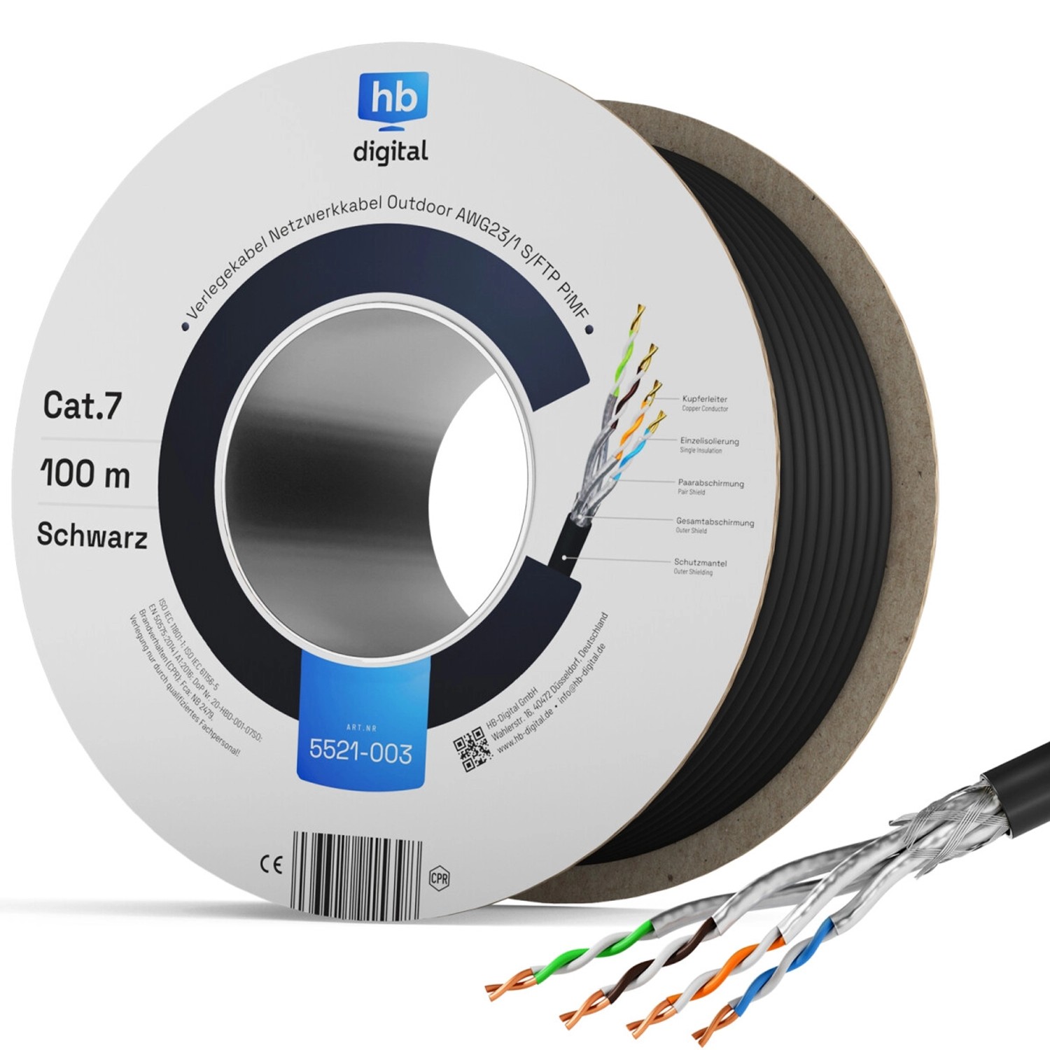 hb-digital CAT 7 Kabel für Außenbereich LAN Datenkabel max. 1000 MHz S/FTP PE AWG23 100m schwarz