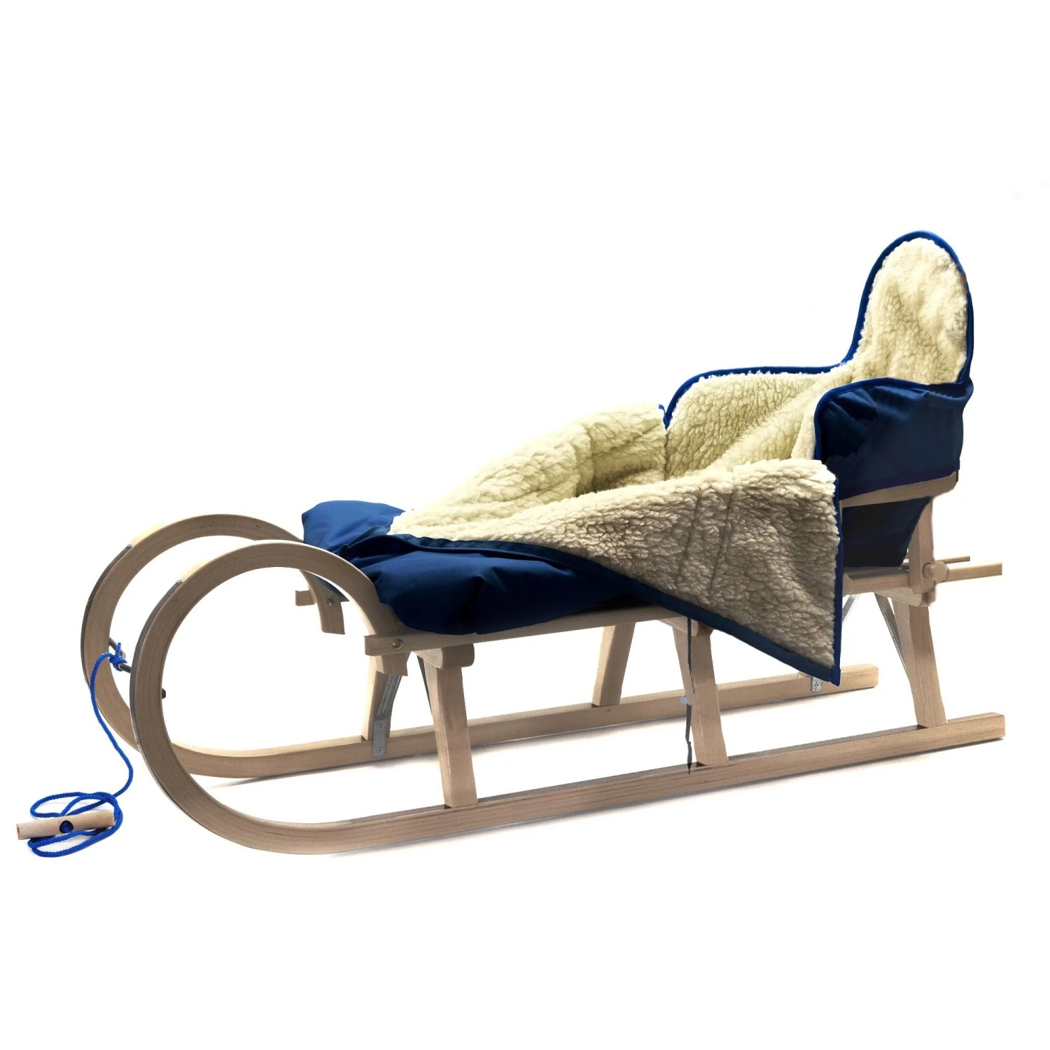 HolzFee Baran Baby Schlitten Holz 120 cm mit Fußsack Alaska Big Grantblau